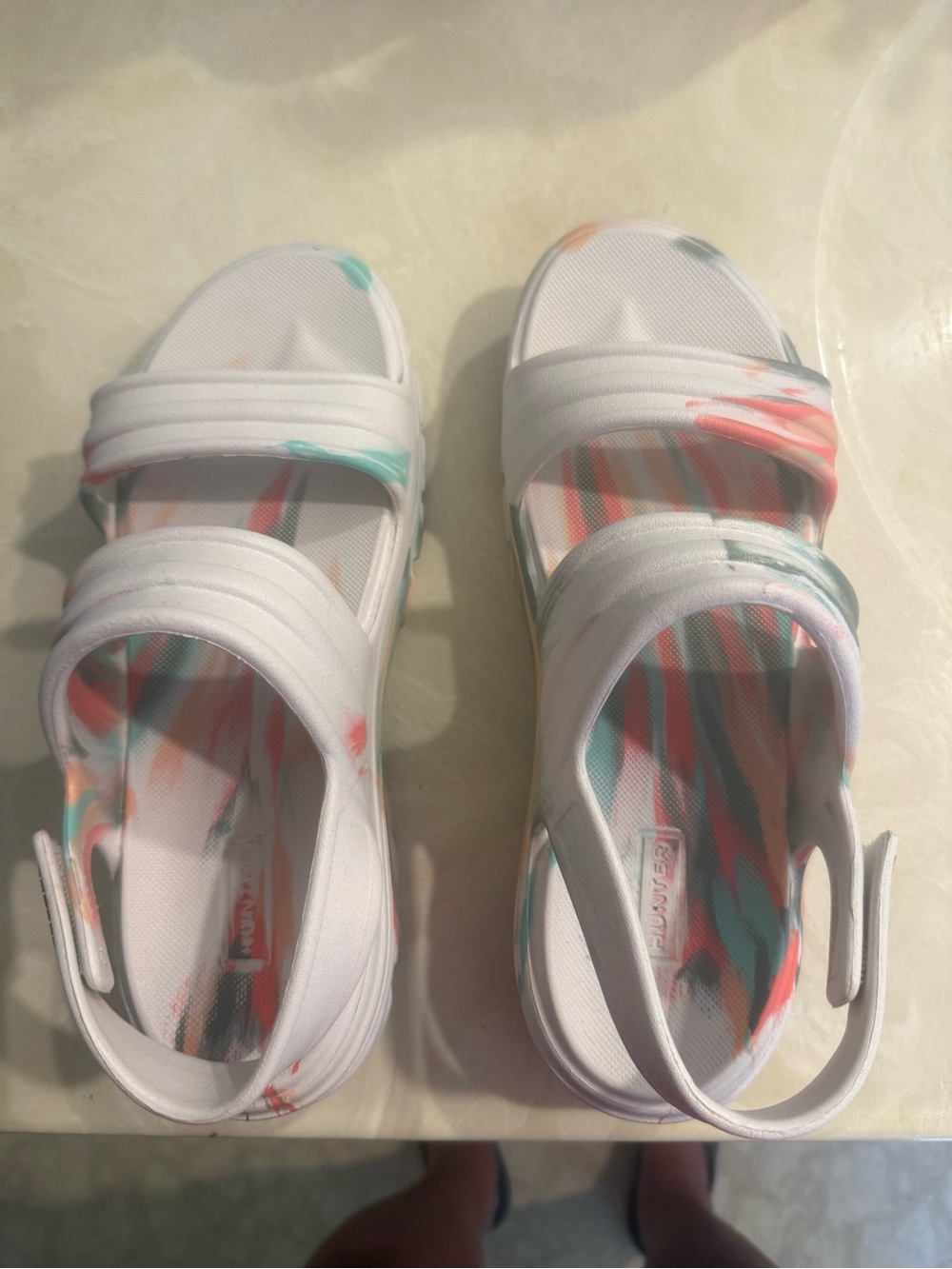 Hunter White Sandals with Coral and Teal Accents